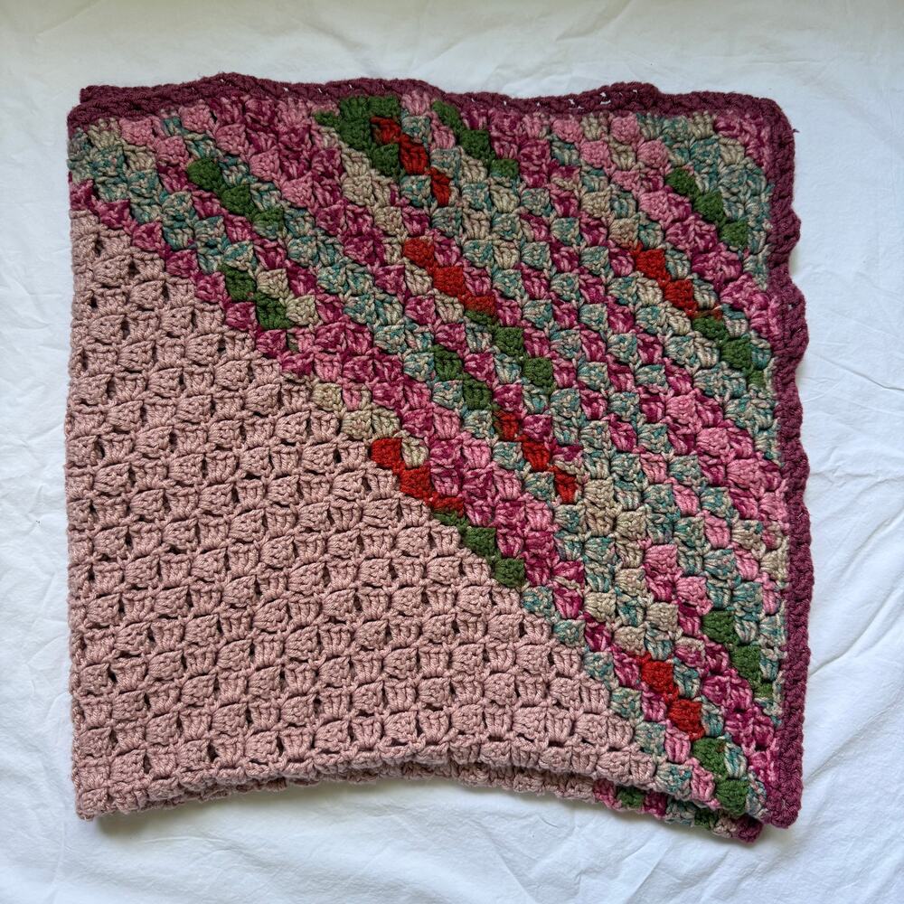 Vintage Granny Square Afghan Crochet Throw Pink Cottagecore Blanket Handmade